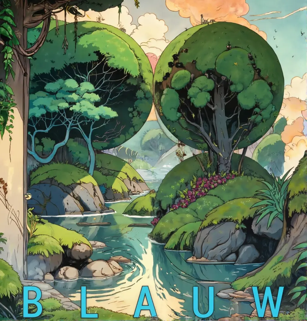 Illustrated Blauw Studio cover: a green, mossy river landscape with two round tree canopies above the word BLAUW.