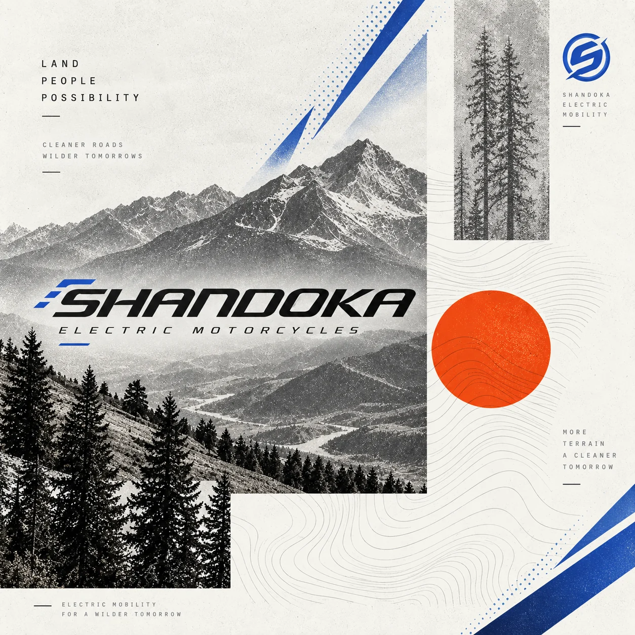 Shandoka editorial cover combining mountain landscape, brand identity and electric mobility graphic language.